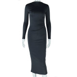 Solid Color Round Neck Long Sleeved Pullover Street One Step Dress
