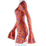 Printed Round Neck Pullover Long Flared Sleeves Hole Dress