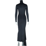 Solid Round Neck Long Sleeved Dress