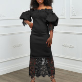 One Line Neckline Lace Patchwork Banquet Evening Dress with Lantern Sleeves OL Dress