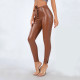 Brown Leather Pants with Waistband Side Rivet Split Tight Pants Elegant and Stylish Leggings