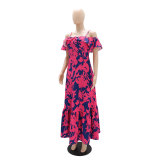 Open Back One Line Collar Fashionable High Waisted Printed Long Dress with Suspender Dress