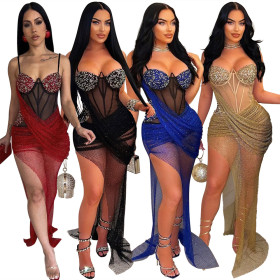 Solid Color Hot Diamond Mesh Irregular Perspective Buttocks Wrapped Dress