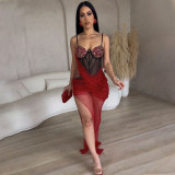 Solid Color Hot Diamond Mesh Irregular Perspective Buttocks Wrapped Dress