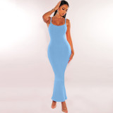 Open Back Slim Fit Solid Color Suspender Dress