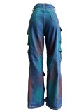 Multi Pocket Wide Spray Colored Denim Straight Leg Workwear Pants