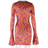 Printed Round Neck Pullover Long Flared Sleeves Hole Dress