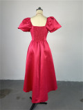 Square Neck Bubble Sleeve Solid Color Waist Length Dress