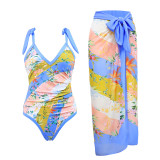 One Piece Swimsuit Slimming and Retro Printed Strap Swimsuit Beach Skirt