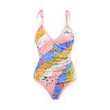 One Piece Swimsuit Slimming and Retro Printed Strap Swimsuit Beach Skirt