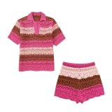 Striped Large Silhouette Knitted Polo Shirt and Shorts