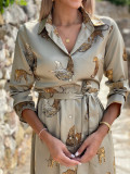Single Breasted Printed Leopard V-neck Long Sleeved Large Hem Dress