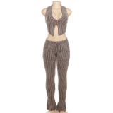 Knitted Low Neckline Vest with High Waist and Long Flared Casual Suit