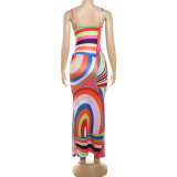 Low Neckline Waist Strap Long Dress with Slimming Print Slit Dress