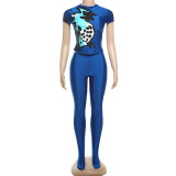 Printed Round Neck Top High Waisted Tight Fitting Hip Lifting Pants Set