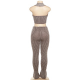 Knitted Low Neckline Vest with High Waist and Long Flared Casual Suit
