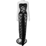 Lace Wrapped Chest Open Back Midi Long Skirt