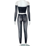 One Shoulder Hollow Perspective Strapless Tight Pants Two-piece Set