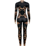 Printed Long Sleeved Buttocks Wrapped Slim Fit Jumpsuit Casual Leggings