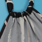 Printed Patchwork with Straps Large Skirt Hem Sloping Shoulder Backless Dress