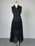 Suit Collar Double Breasted Vest Top Pleated Skirt Set