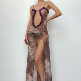 Hanging Strap Hollowed Out Lace Pleated Slit Dress