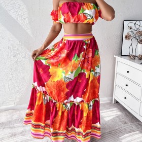 Colorful Floral Print Short Top and Skirt Set