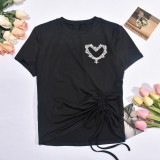 Round Neck with Exposed Navel and Heart-shaped Hot Diamond Hollow Lace Up Drawstring Solid Color Short Sleeved T-shirt