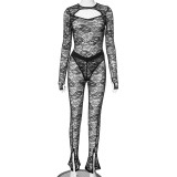 Long Sleeved Mesh Suit Spicy Girl Slim Fit Hollowed Out Lace Pants Set