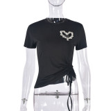 Round Neck with Exposed Navel and Heart-shaped Hot Diamond Hollow Lace Up Drawstring Solid Color Short Sleeved T-shirt