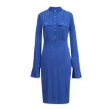 Stand Up Collar Wave Pattern Fake Bag Waist Tight Flared Sleeve Dress