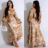 Printed Sexy Long Sleeved Leaky Navel Long Skirt Set of Two