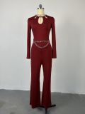 Hollow Long Sleeved Slim Fit High Waisted Wide Leg Long Pants Jumpsuit