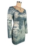 Portrait Printed Slim Fit Buttocks Wrapped Waist Cinched Long Sleeved Tight Fitting Dress
