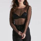 Perspective Lace Shirt with Bright Diamond Bead Mesh Long Sleeved Top