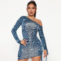 Printed Drawstring Pleated Lace Up Long Sleeved Diagonal Shoulder Tight Fitting Dress