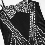 Hot Diamond Velvet Spliced Mesh Perspective Bag Hip Sleeveless Hanging Strap Dress