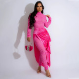Solid Color Round Neck Long Sleeved Jumpsuit with Lace Up Half Length Cape Skirt Two-piece Set