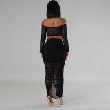 Two Piece Set of One Shoulder Long Sleeved Top Paired with a Transparent Hip Wrap Skirt