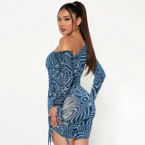 Printed Drawstring Pleated Lace Up Long Sleeved Diagonal Shoulder Tight Fitting Dress