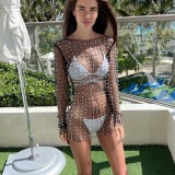 Perspective Bright Diamond Bubble Bead Mesh Long Sleeved Beach Skirt Dress