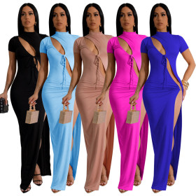 Hollow Out High Slit Dress Solid Color Long Skirt