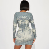 Portrait Printed Slim Fit Buttocks Wrapped Waist Cinched Long Sleeved Tight Fitting Dress