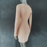 Sequin Hot Diamond Sexy Semi Transparent Long Sleeved Short Dress