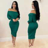 Solid Color Elastic Wrap Hip Skirt One Line Neck Two Piece Set