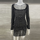 Sequin Hot Diamond Sexy Semi Transparent Long Sleeved Short Dress