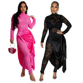 Solid Color Round Neck Long Sleeved Jumpsuit with Lace Up Half Length Cape Skirt Two-piece Set