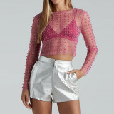 Perspective Lace Shirt with Bright Diamond Bead Mesh Long Sleeved Top