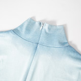 Imitation Denim Body Print Long Sleeved High Necked Flared Jumpsuit