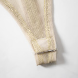 U-neck Long Sleeved Jumpsuit High Waisted Sock Pants Mesh Print Set